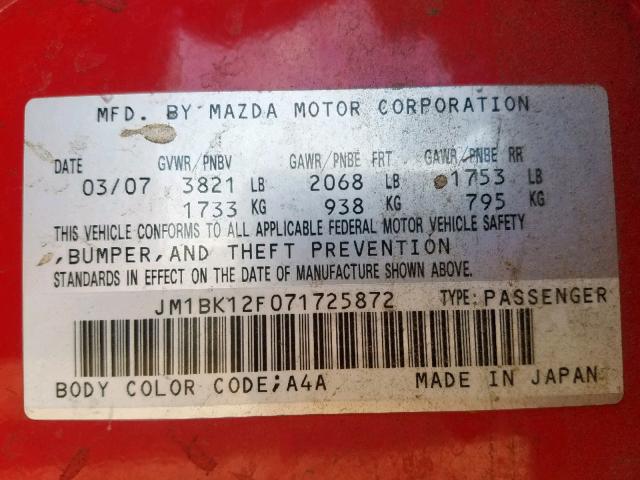 JM1BK12F071725872 - 2007 MAZDA 3 I RED photo 10