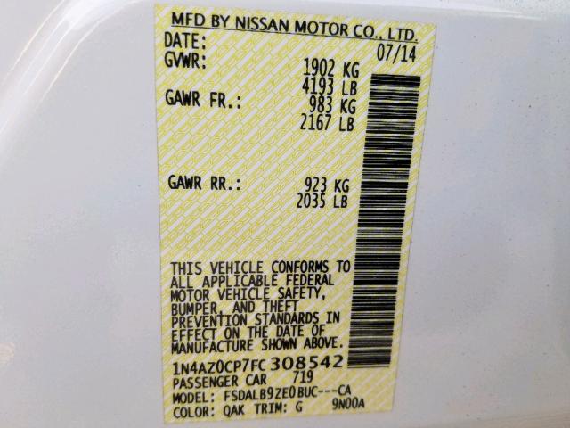 1N4AZ0CP7FC308542 - 2015 NISSAN LEAF S WHITE photo 10