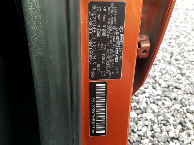 KNAFW4A3XA5307072 - 2010 KIA FORTE SX ORANGE photo 10