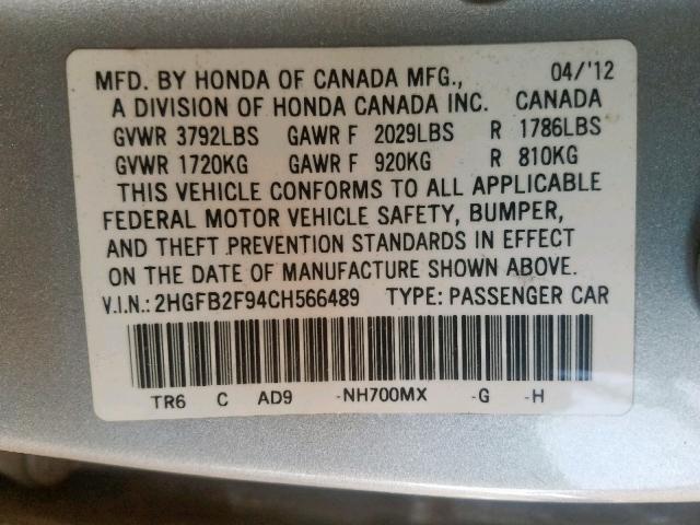 2HGFB2F94CH566489 - 2012 HONDA CIVIC EXL 银色 照片 10