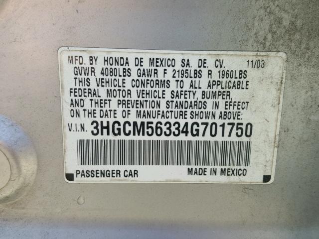 3HGCM56334G701750 - 2004 HONDA ACCORD LX SILVER photo 10