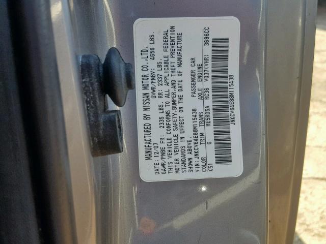 JNKCV64E88M115438 - 2008 INFINITI G37 BASE SILVER photo 10