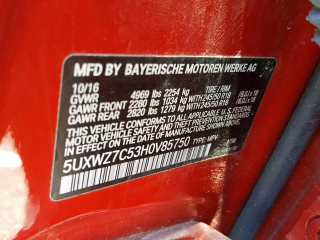 5UXWZ7C53H0V85750 - 2017 BMW X3 SDRIVE2 RED photo 10