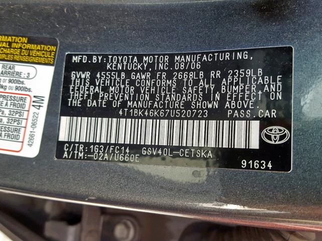 4T1BK46K67U520723 - 2007 TOYOTA CAMRY NEW GRAY photo 10