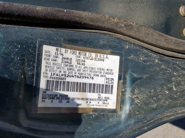 1FALP52U4TG239476 - 1996 FORD TAURUS GL GREEN photo 10