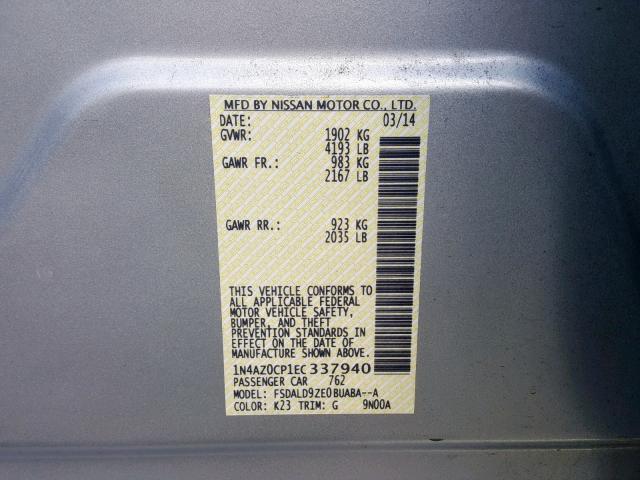 1N4AZ0CP1EC337940 - 2014 NISSAN LEAF S SILVER photo 10