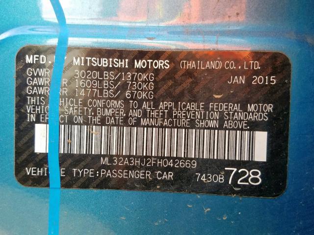 ML32A3HJ2FH042669 - 2015 MITSUBISHI MIRAGE DE BLUE photo 10