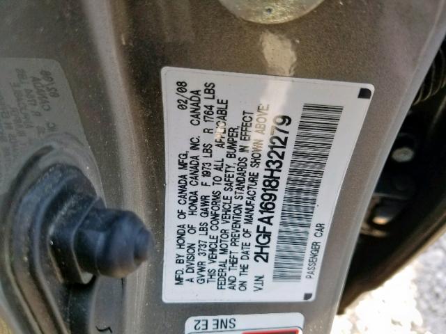 2HGFA16918H321279 - 2008 HONDA CIVIC EXL 灰色 照片 10