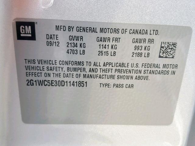 2G1WC5E30D1141851 - 2013 CHEVROLET IMPALA LTZ SILVER photo 10