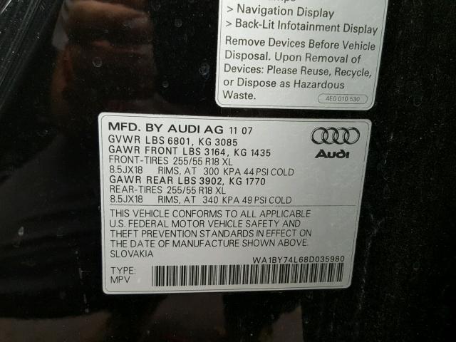 WA1BY74L68D035980 - 2008 AUDI Q7 3.6 QUA BLACK photo 10