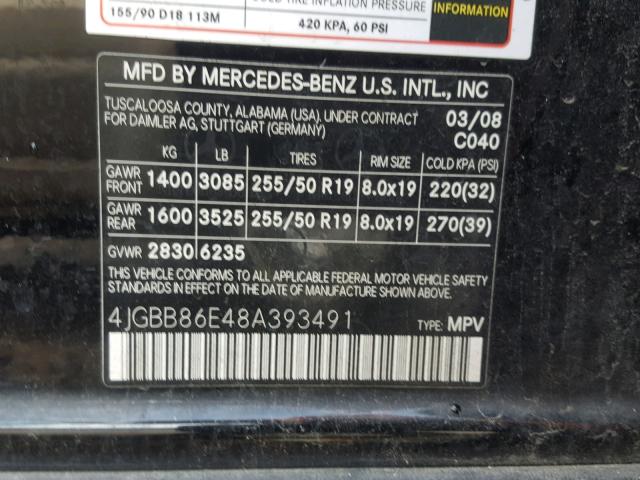 4JGBB86E48A393491 - 2008 MERCEDES-BENZ ML 350 BLACK photo 10