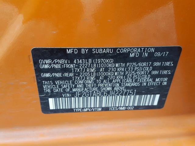 JF2GTABC6JH227751 - 2018 SUBARU CROSSTREK ORANGE photo 10