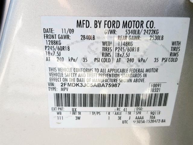 2FMDK3JC5ABA75987 - 2010 FORD EDGE SEL SILVER photo 10