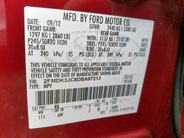 2FMDK3JC8DBA97213 - 2013 FORD EDGE SEL RED photo 10