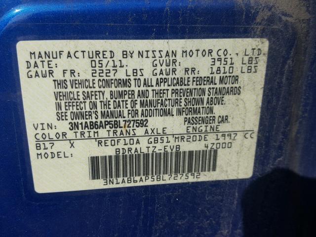 3N1AB6AP5BL727592 - 2011 NISSAN SENTRA 2.0 BLUE photo 10