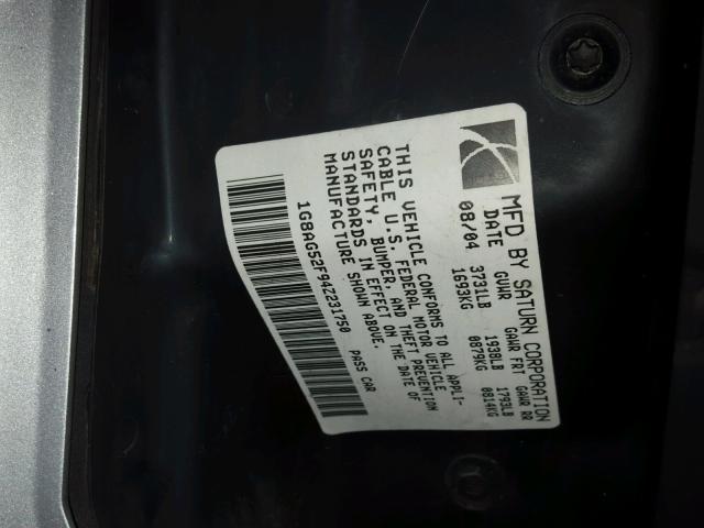 1G8AG52F94Z231750 - 2004 SATURN ION LEVEL SILVER photo 10