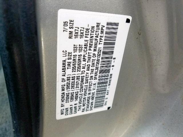 5FNRL38735B132521 - 2005 HONDA ODYSSEY EX SILVER photo 10