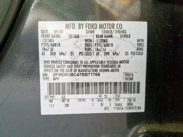 2FMDK38C47BB71768 - 2007 FORD EDGE SEL GRAY photo 10