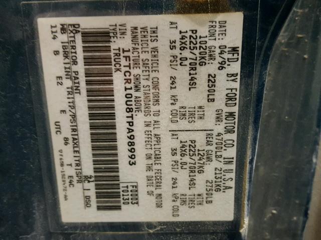 1FTCR10U8TPA98993 - 1996 FORD RANGER GREEN photo 10