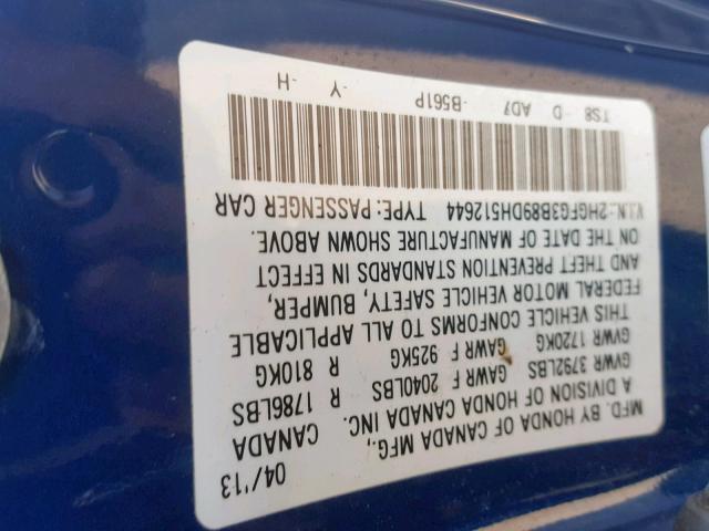 2HGFG3B89DH512644 - 2013 HONDA CIVIC EX BLUE photo 10