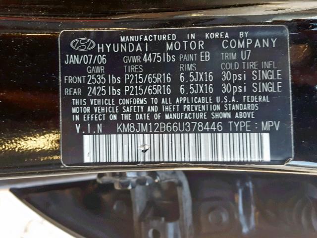 KM8JM12B66U378446 - 2006 HYUNDAI TUCSON GL BLACK photo 10