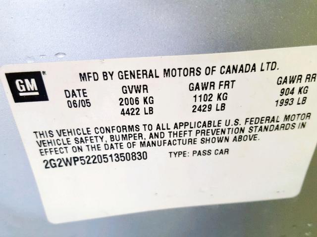 2G2WP522051350830 - 2005 PONTIAC GRAND PRIX SILVER photo 10