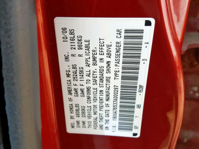 19UUA76537A000297 - 2007 ACURA TL TYPE S RED photo 10