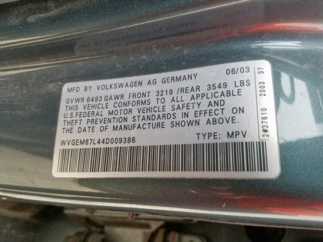 WVGEM67L44D009386 - 2004 VOLKSWAGEN TOUAREG 4. GRAY photo 10