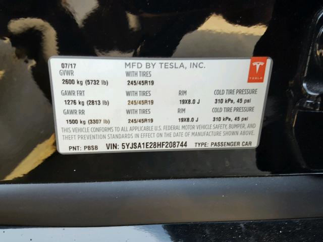 5YJSA1E28HF208744 - 2017 TESLA MODEL S BLACK photo 10