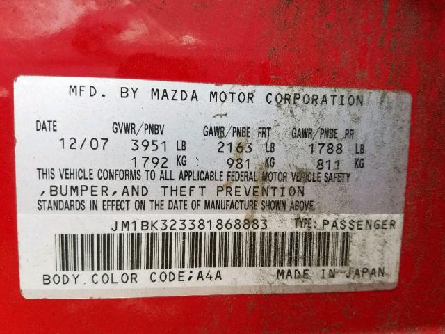 JM1BK323381868883 - 2008 MAZDA 3 S RED photo 10