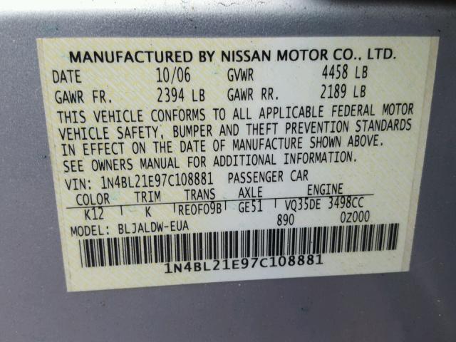 1N4BL21E97C108881 - 2007 NISSAN ALTIMA 3.5 SILVER photo 10