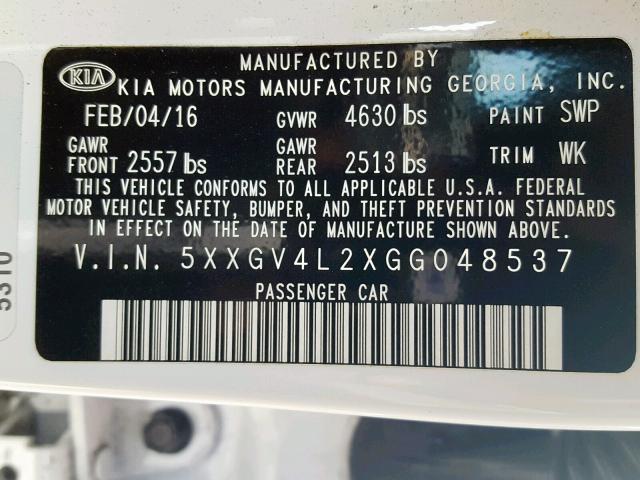 5XXGV4L2XGG048537 - 2016 KIA OPTIMA SXL WHITE photo 10