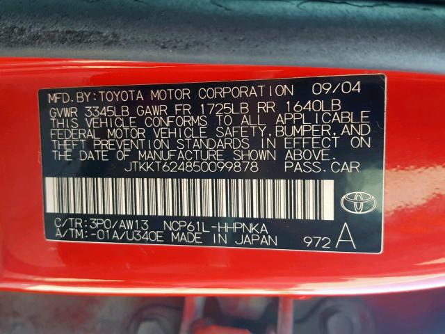 JTKKT624850099878 - 2005 TOYOTA SCION XA RED photo 10