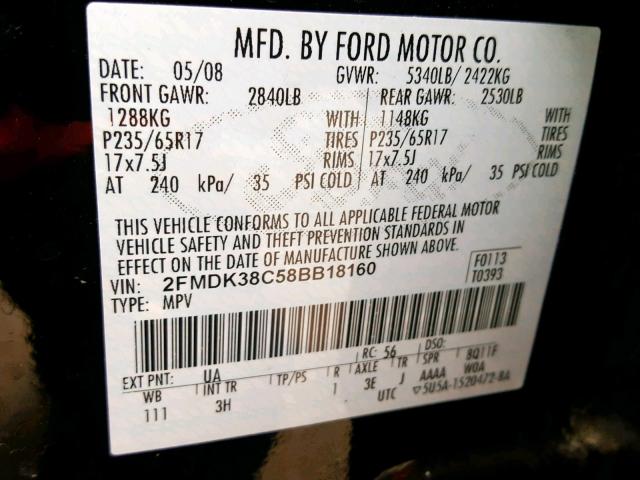 2FMDK38C58BB18160 - 2008 FORD EDGE SEL BLACK photo 10