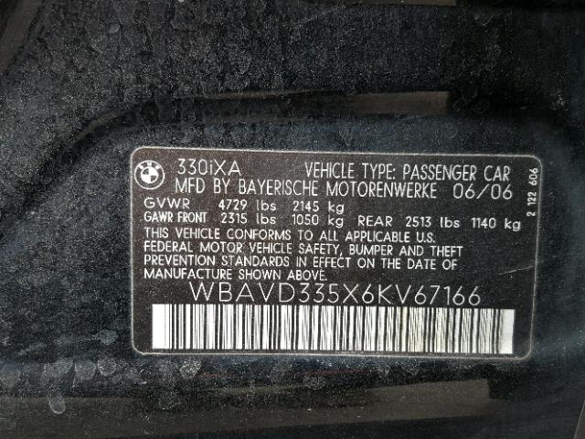 WBAVD335X6KV67166 - 2006 BMW 330 XI BLACK photo 10