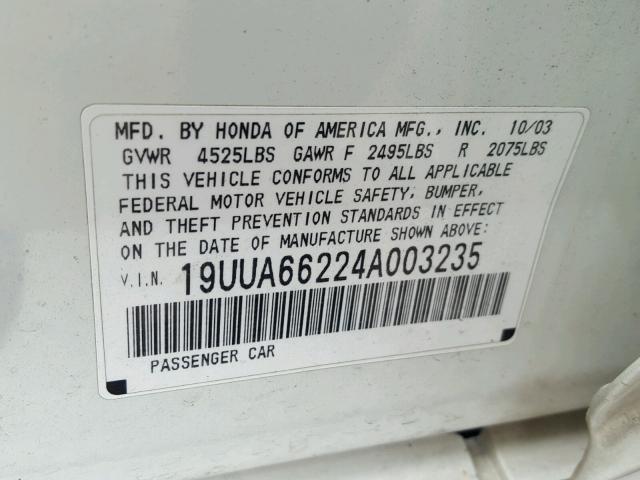 19UUA66224A003235 - 2004 ACURA TL WHITE photo 10