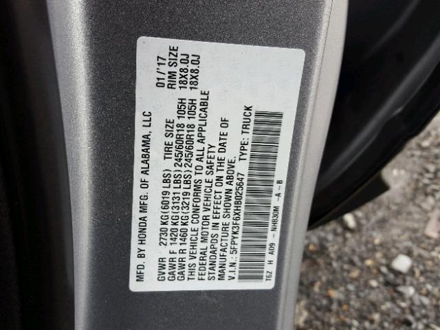 5FPYK3F6XHB025647 - 2017 HONDA RIDGELINE SILVER photo 10