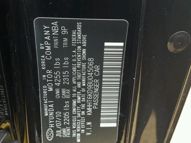 KMHHT6KD9BU045068 - 2011 HYUNDAI GENESIS CO BLACK photo 10