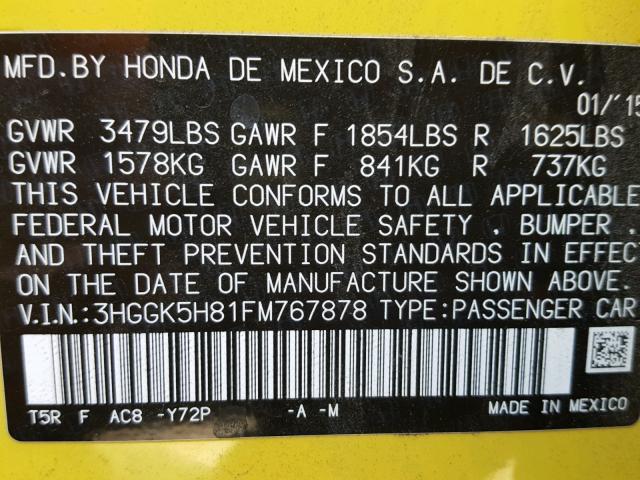 3HGGK5H81FM767878 - 2015 HONDA FIT EX YELLOW photo 10