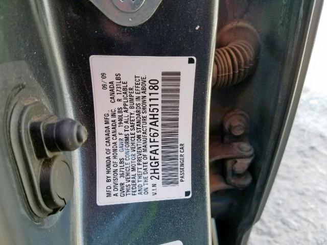 2HGFA1F67AH511180 - 2010 HONDA CIVIC LX-S Boz foto 10