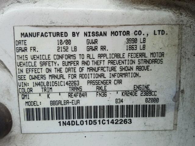 1N4DL01D51C142263 - 2001 NISSAN ALTIMA XE WHITE photo 10