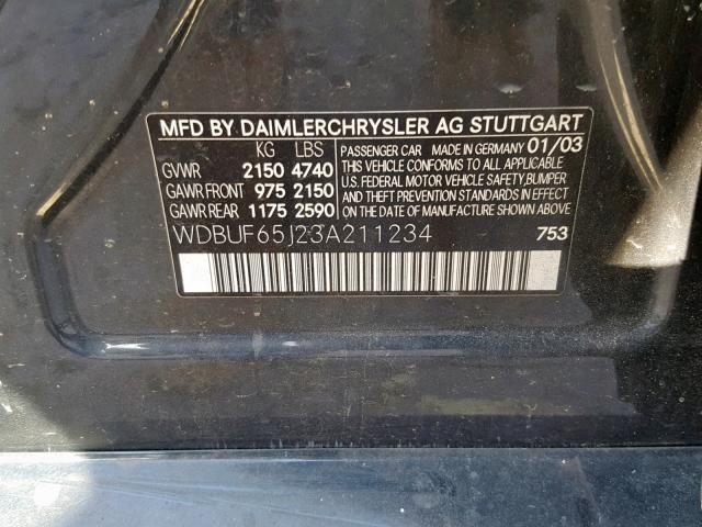 WDBUF65J23A211234 - 2003 MERCEDES-BENZ E 320 GRAY photo 10