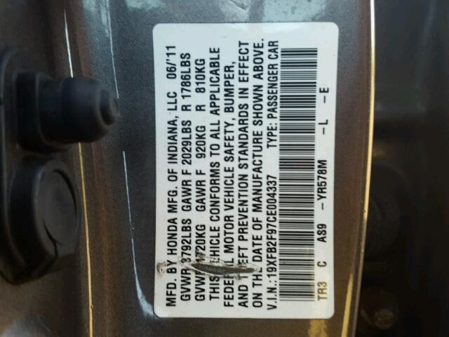 19XFB2F97CE004337 - 2012 HONDA CIVIC EXL GRAY photo 10