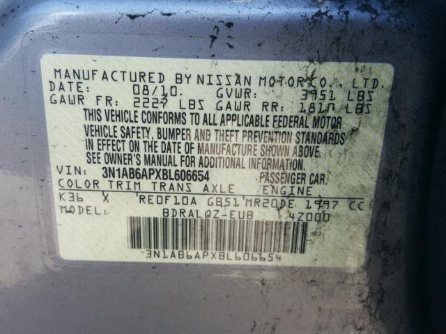 3N1AB6APXBL606654 - 2011 NISSAN SENTRA 2.0 GRAY photo 10