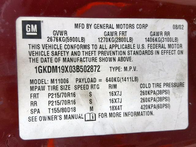 1GKDM19X03B502872 - 2003 GMC SAFARI XT MAROON photo 10