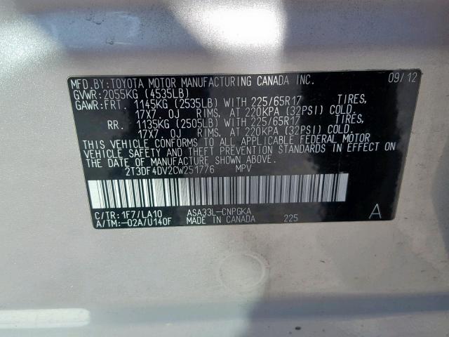 2T3DF4DV2CW251776 - 2012 TOYOTA RAV4 LIMIT SILVER photo 10