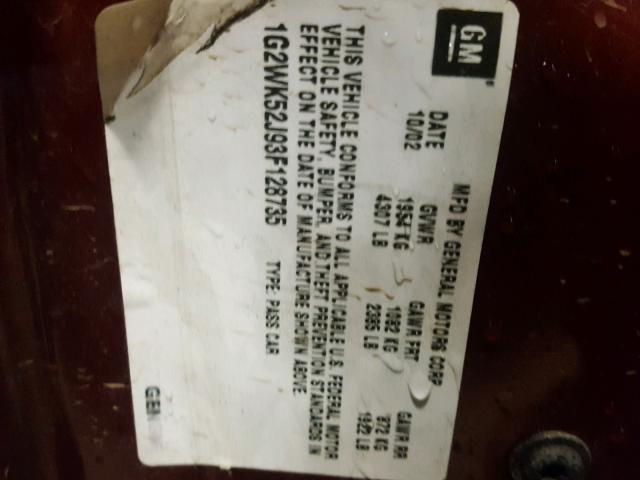 1G2WK52J93F128735 - 2003 PONTIAC GRAND PRIX MAROON photo 10