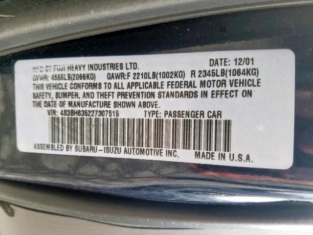 4S3BH635227307515 - 2002 SUBARU LEGACY L BLUE photo 10