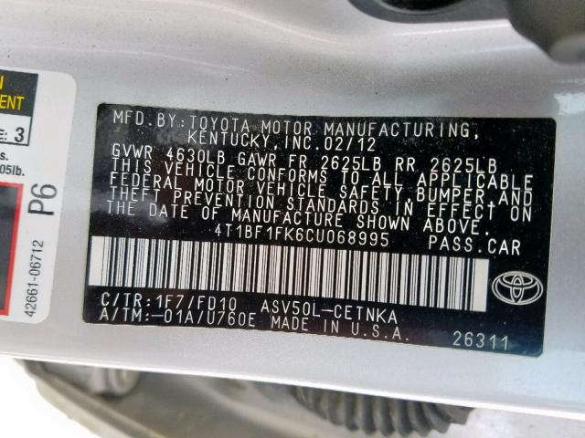 4T1BF1FK6CU068995 - 2012 TOYOTA CAMRY BASE SILVER photo 10