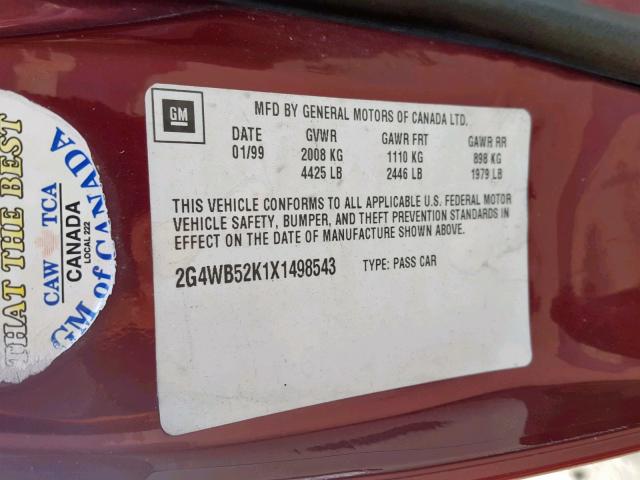 2G4WB52K1X1498543 - 1999 BUICK REGAL LS MAROON photo 10